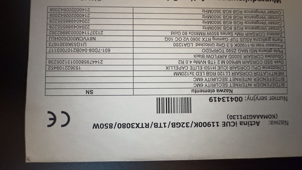 TOPOWY KOMPUTER  Actina 11900K 3080 32RAM WIN11PRO