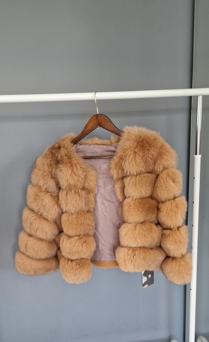 Kurtka futro naturalne naturalne futerko rude musztardowe