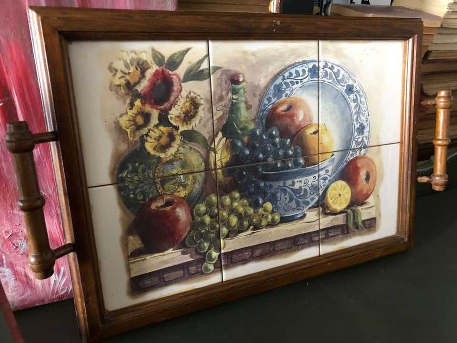 wooden tray with painted tiles, price per tray