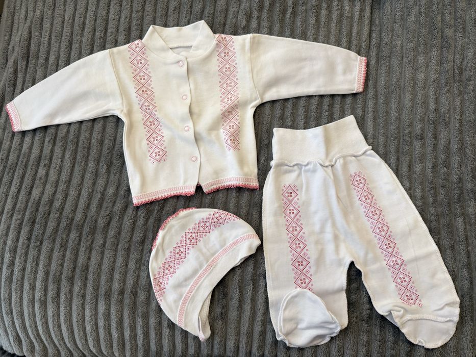 Костюм на виписку, комплект 3в1, вишиванка, 50 см, льоля та повзунки