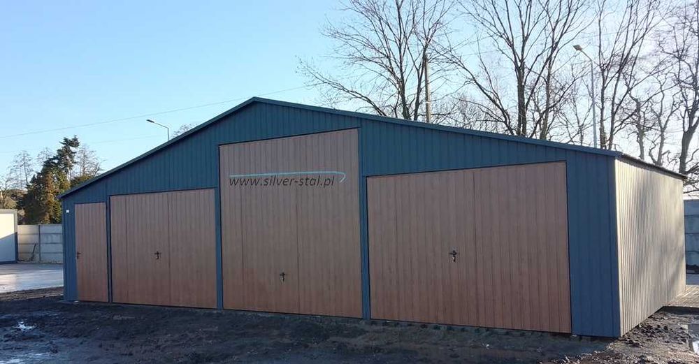 Garaż blaszany 11x6m z bramą uchylną i wiatką - Silverstal Garaże