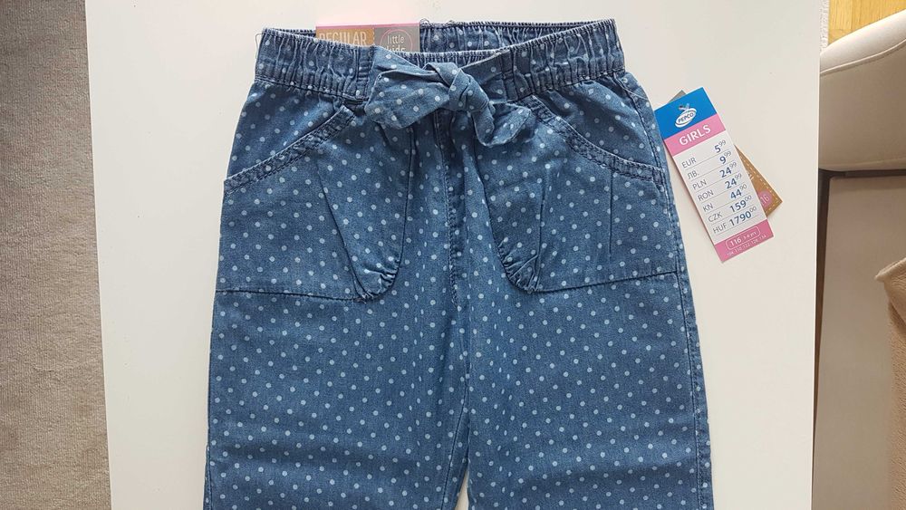 spodnie niebieskie w białe kropki