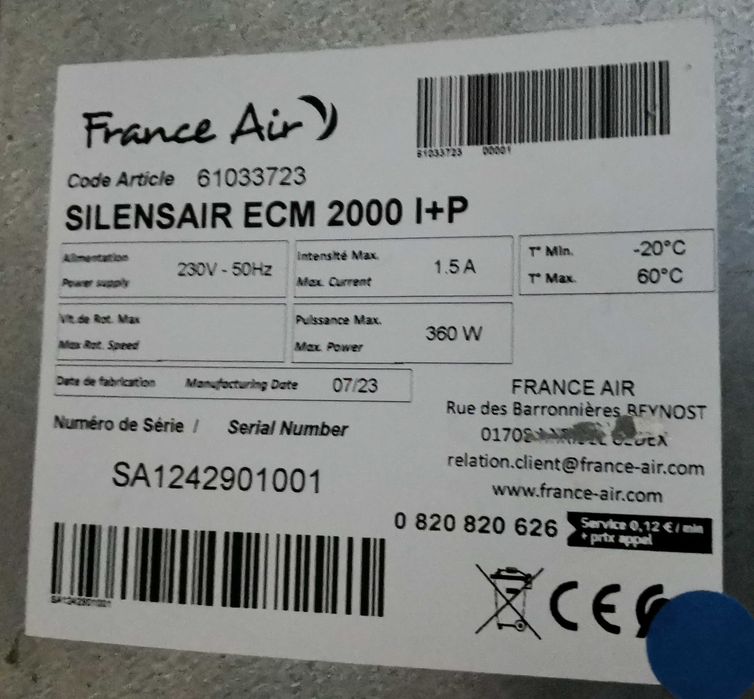 Ventilador para systema de ventilaçao FranceAir Silensair ECM 2000 I+P