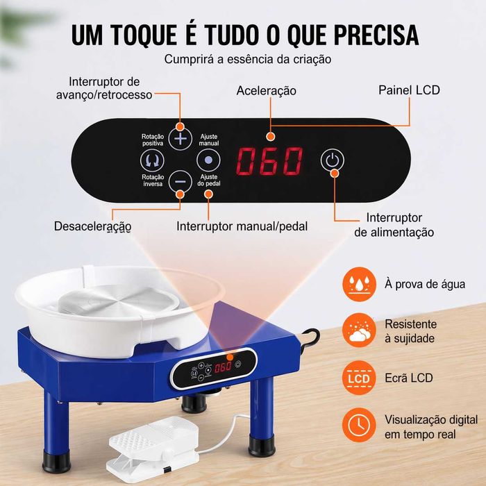 Roda de Oleiro Elétrica Nova com Pedal, LCD e Kit de Ferramentas