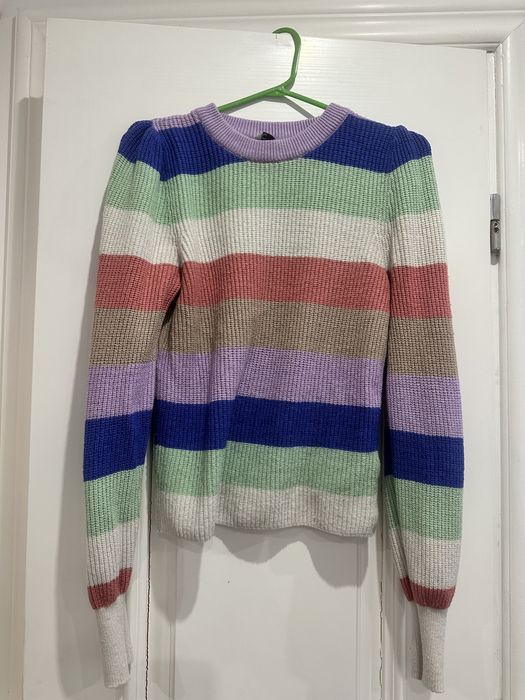 Свитер полосатый вязка фиолетовый молочный синий розовый