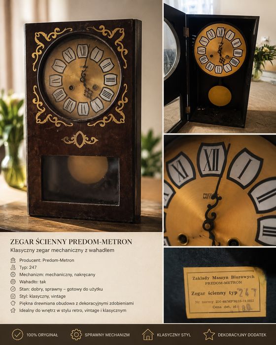 Zegar ścienny Predom-Metron typ 247 – mechaniczny z wahadłem | PRL | Vintage