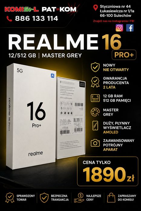 Realme 16 Pro+ 5G 12/512 GB Master Grey – nowy gwarancja producenta.. PAT-KOM