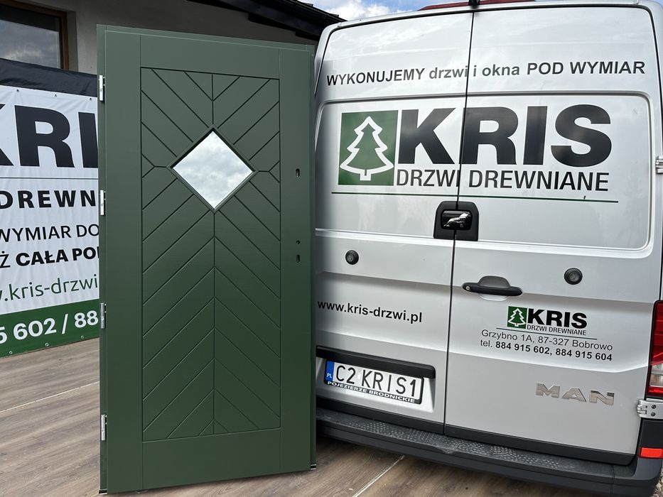 Drzwi zewnętrzne drewniane Zielone ral 6020 Montaż cala Polska i Ue
