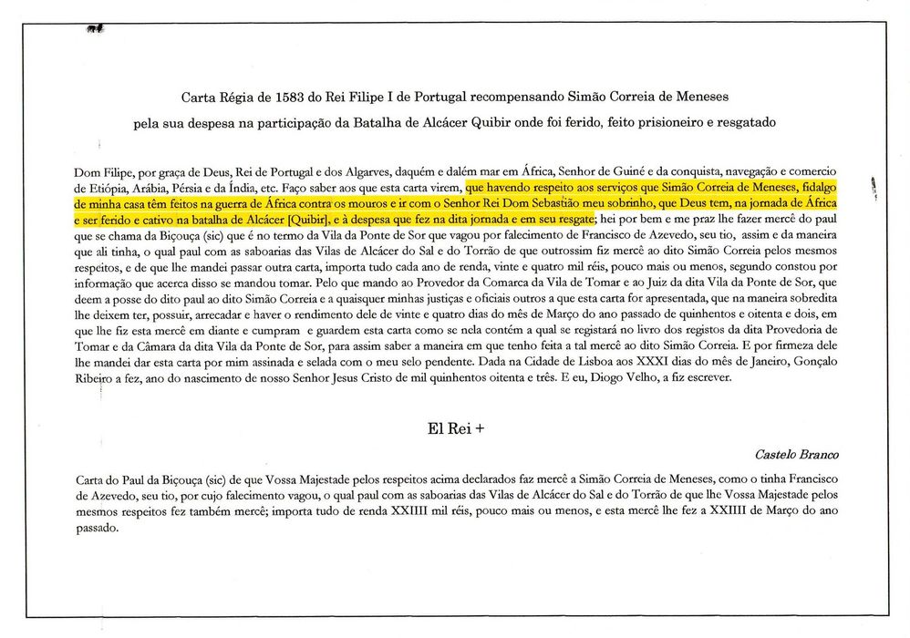BATALHA de ALCÁCER-QUIBIR - Raríssima Carta Régia relativa à Batalha !