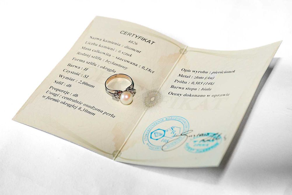 Złoty pierscionek 585 14K perła diamenty