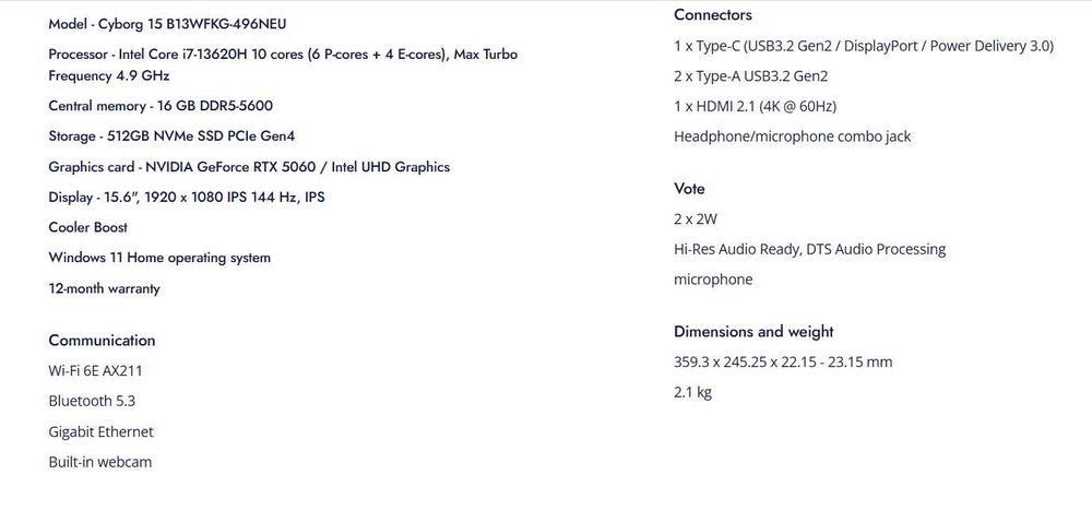 MSI Cyborg 15, RTX5060, I7-13620H, RAM 16GB, SSD 512