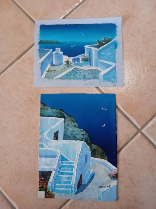 2 telas de autor, pinturas a óleo, ano 2000, ilha Creta Grécia, medidas: 18cm largura 24,5cm altura. 22cm largura 18cm altura