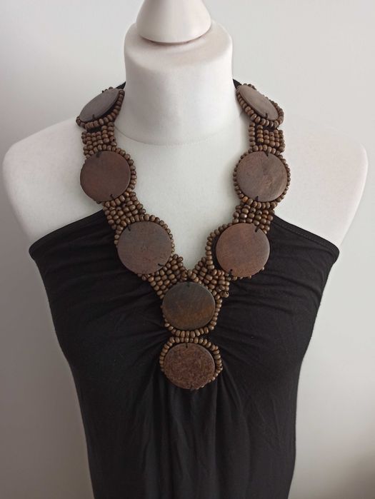 Sukienka maxi długa boho etno drewniany naszyjnik