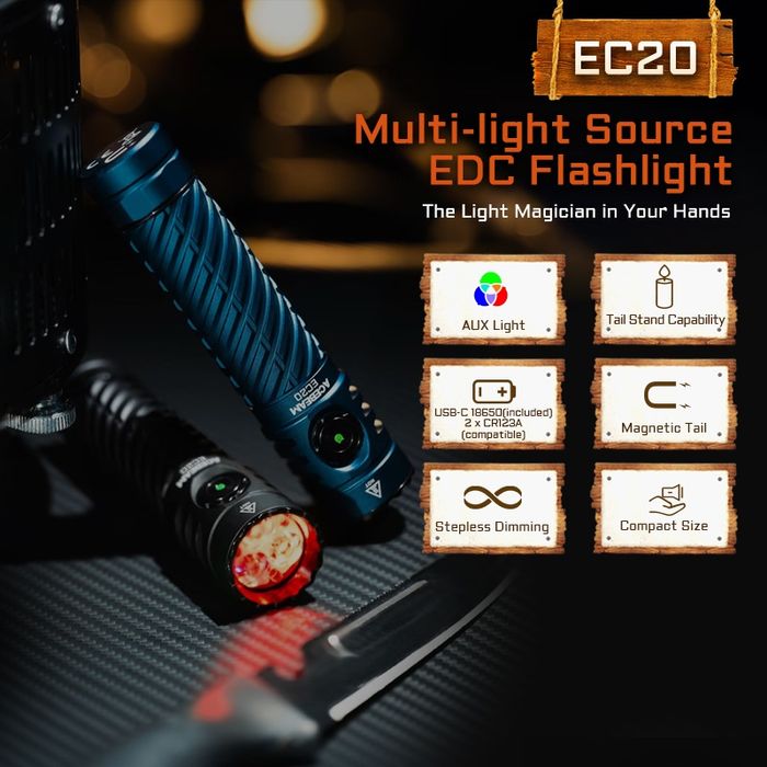 Acebeam EC20 EDC ліхтар Nichia 519A SFT-25R 2500lm AUX 18650  Wurkkos