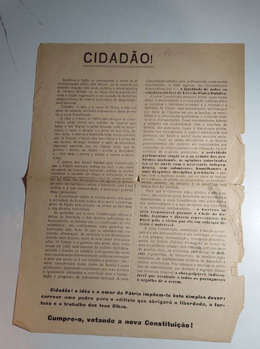 Constituição de 1933 Panfleto Pró-Governo | Exemplar Original