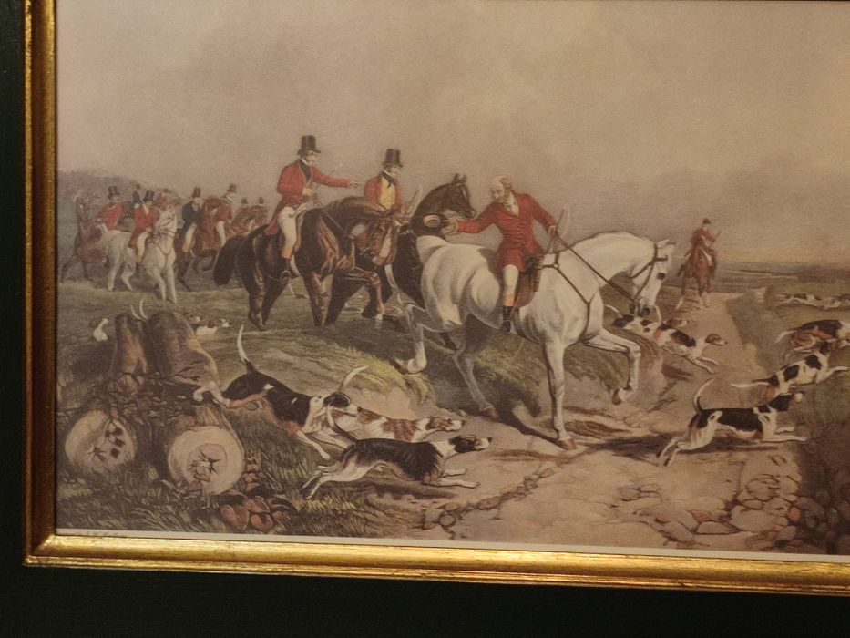 Quadro moldura em folha de ouro passpartput verde gravura de caçada.