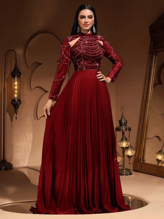 Shein bordowa elegancka sukienka wieczorowa z cekinami i półgolfem m 1ma