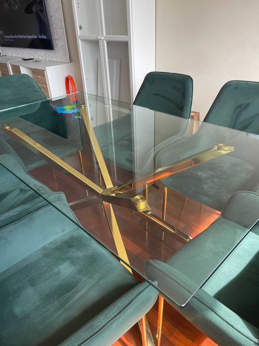 Mesa de jantar CORA Dourado 160 cm 90 cm Vidro de segurança (temperado) + conjunto de 6 cadeiras