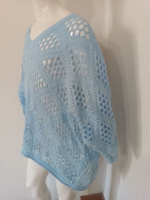 Lekki ażurowy sweter / bluzka nietoperz – błękitny – Oversize (S-XL)