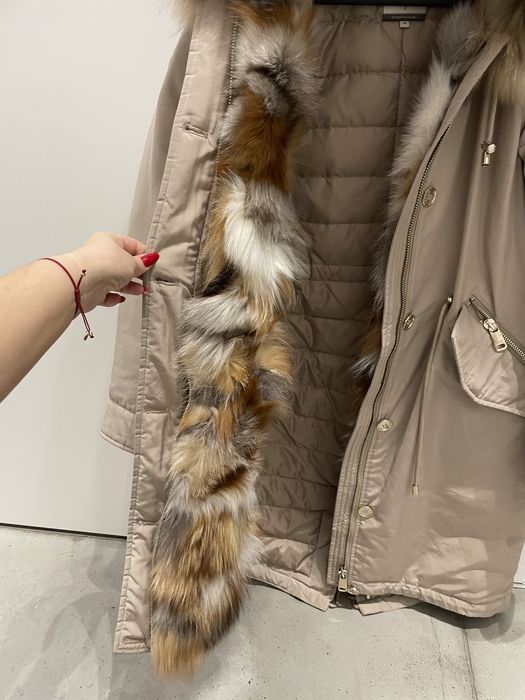 Parka plaszcz z kapturem puchowa beżowa lis jenot Ochnik XS/34 s/36