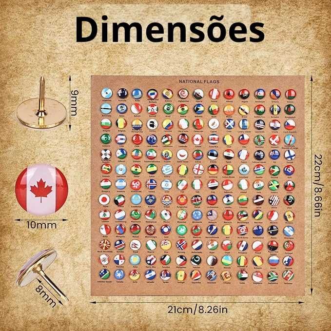 Pins: com bandeiras nacionais, pins decorativos para mapa mundo