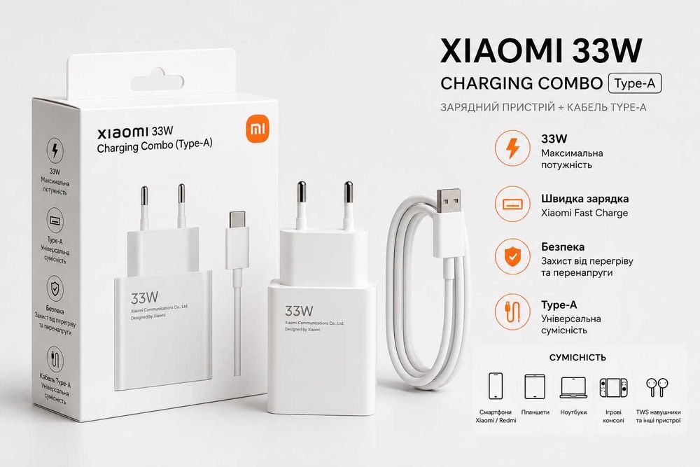 Оригінальна зарядка Xiaomi 33W Fast Charge для Redmi Xiaomi POCO/Бистра Зарядка Xiaomi