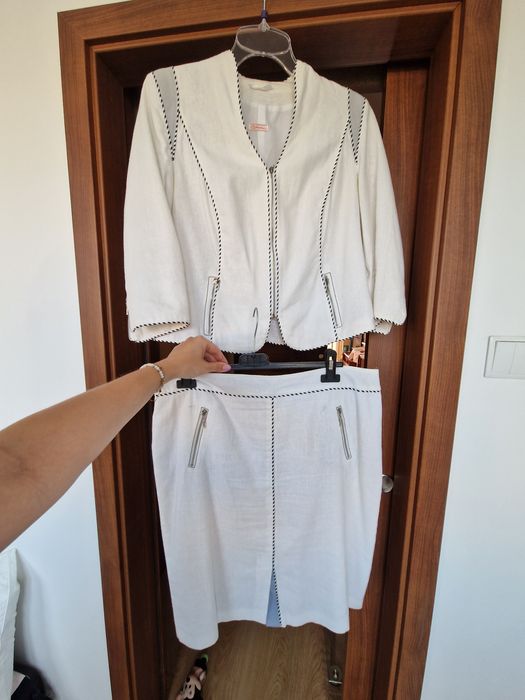 Biały komplet lniany marynarka garsonka spódnica garnitur