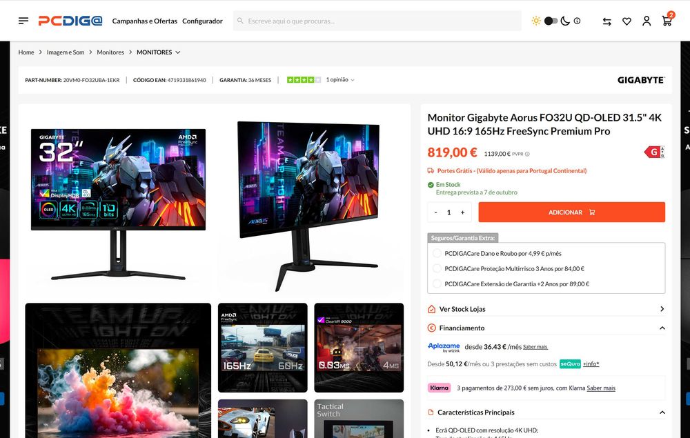 monitor gaming QD-OLED aorus - 32" 4K 165HZ 0,03MS