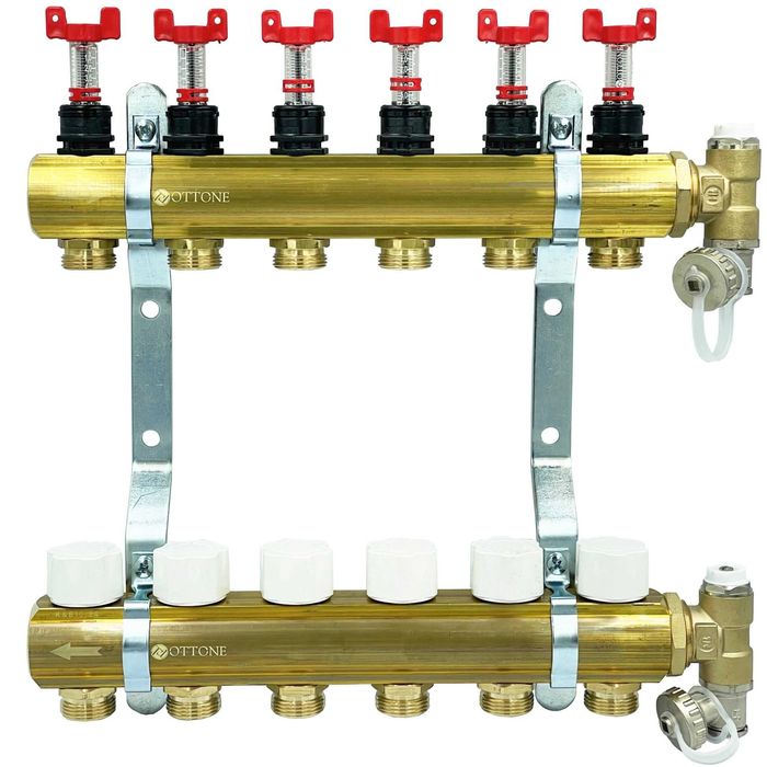 Rozdzielacz 1'' Do Podłogówki Mosiężny Z Zaworami 2 Obwody Sekcji