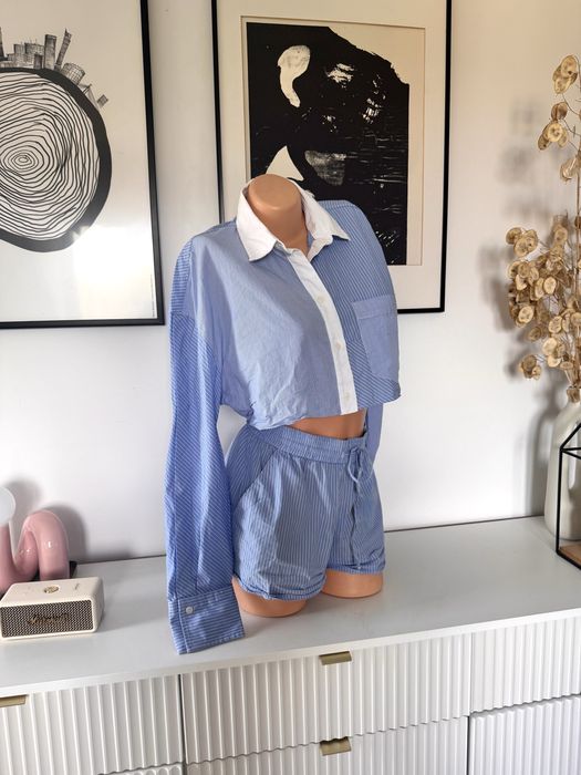 Zara komplet koszula crop top i spodenki szorty prążkowane niebieskie w prążki  S /36