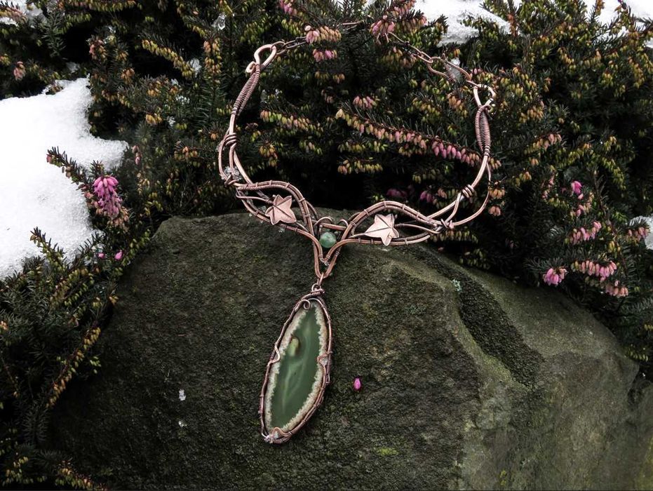 Unikatowa miedziana kolia, zielony agat, bluszcz, rękodzieło