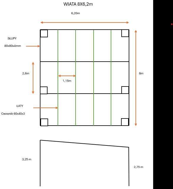Stelaż wiaty 8 m x6,2 m