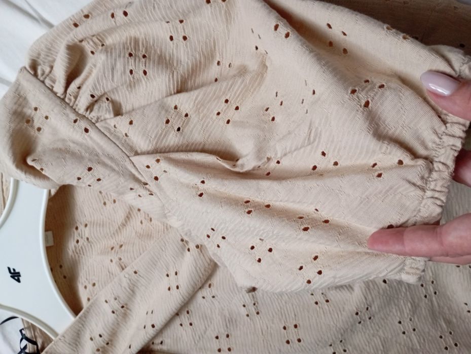 H&M beżowa haftowana bluzka XL bufiasty rękaw
