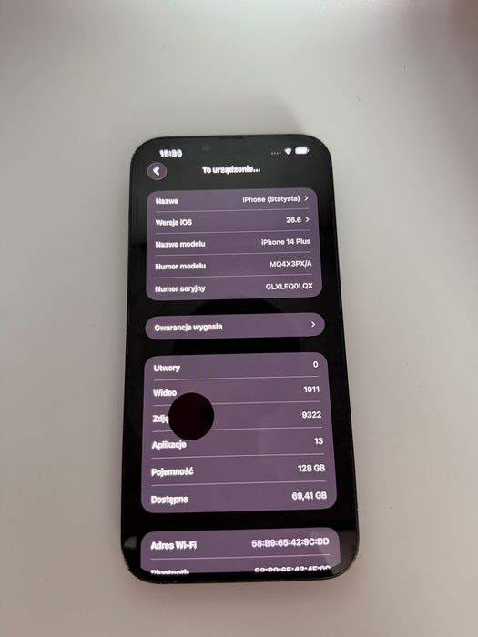 iPhone 14 Plus 128 GB Czarny (Midnight) w pełni sprawny technicznie, do naprawy wizualnej