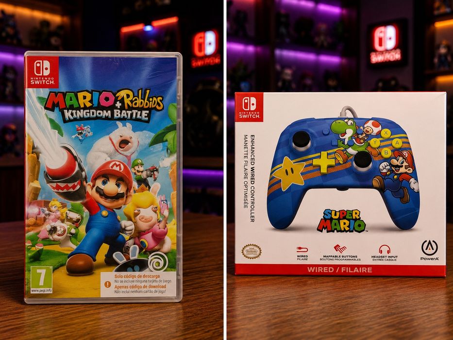 Nintendo Switch Jogo Código para descarga Mario Rabbids Kingdom Battle Selado + Comando com fio Super Mario Mushroom Kingdom Friends