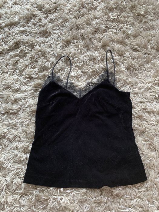 czarny welurowy top z koronka H&M 34
