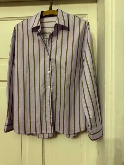 Koszula damska S w paski różowa z brązem bawełna z konierzykiem