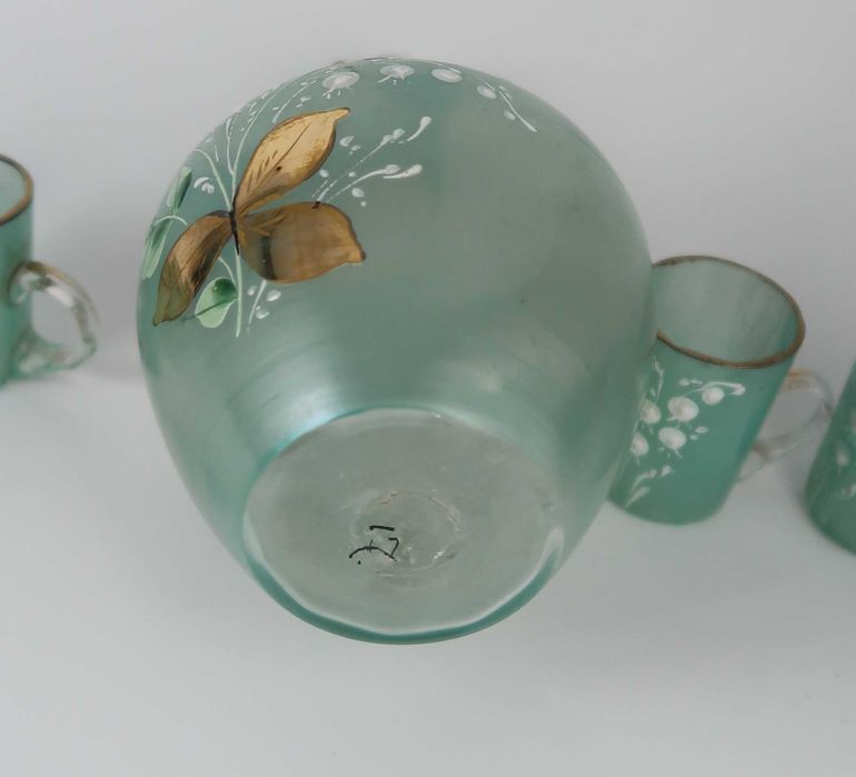 Garrafa com 5 copos em vidro antigo Séc. XIX / XX