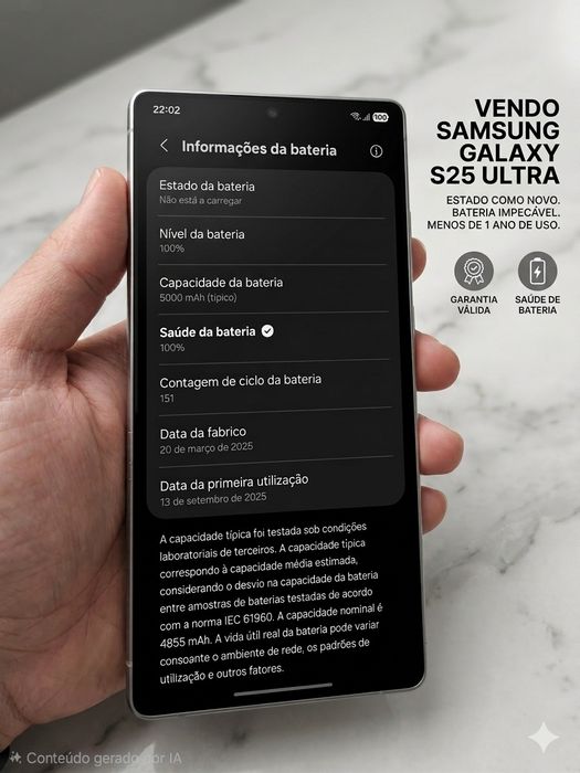 Samsung Galaxy S25 Ultra Bateria 100% (Garantia até Set/2028)