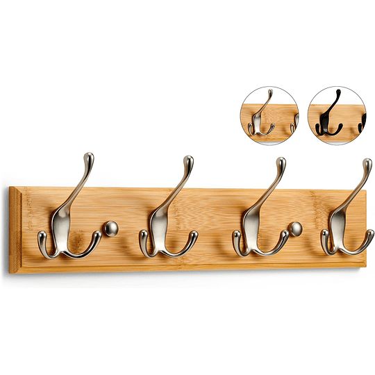 Cabide de parede em madeira e níquel mate - 4 ganchos triplas - 42 cm