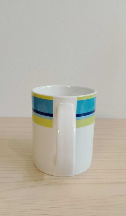 StaryKubekCeramiczny ,,Sinki" biały z pasemNiebieskim/Zielonym/ 320 ml