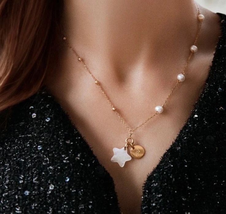 Choker lilou z perłami i gwiazdką z masy perłowej I medalikiem