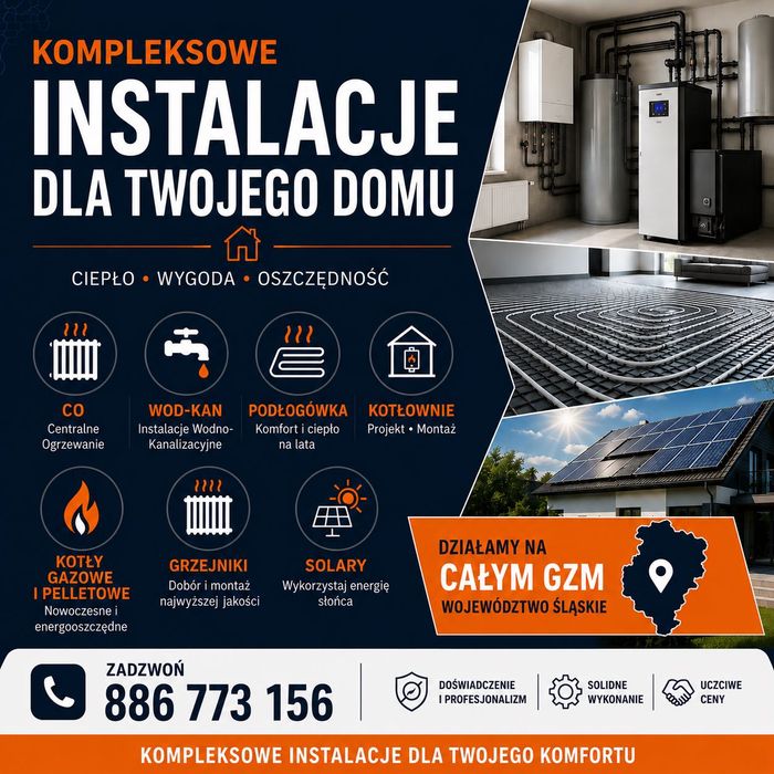 CO • Wod-Kan • Podłogówka • Kotłownie • Kotły Gaz/Pellet • Grzejniki • Solary | Tel. 886 773 156