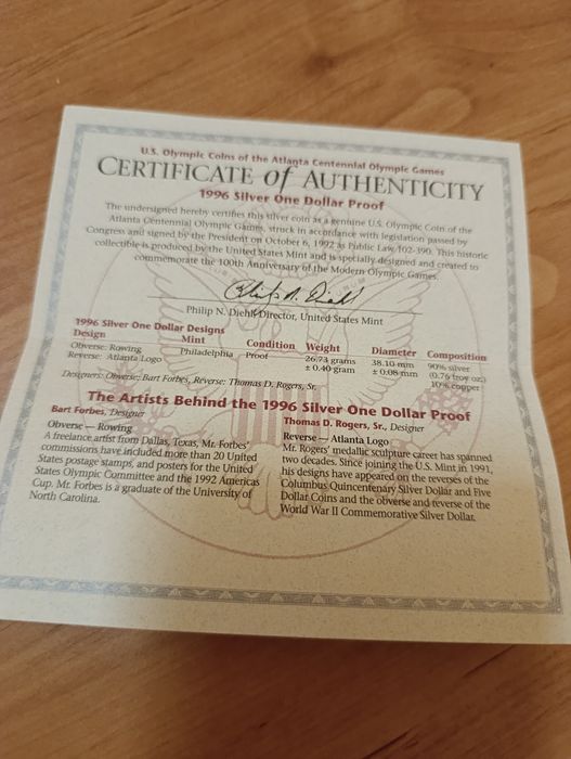 США 1 долар. 1996р. XXVI Літні олімпійськи ігри ! СРІБЛО. Сертифікат!