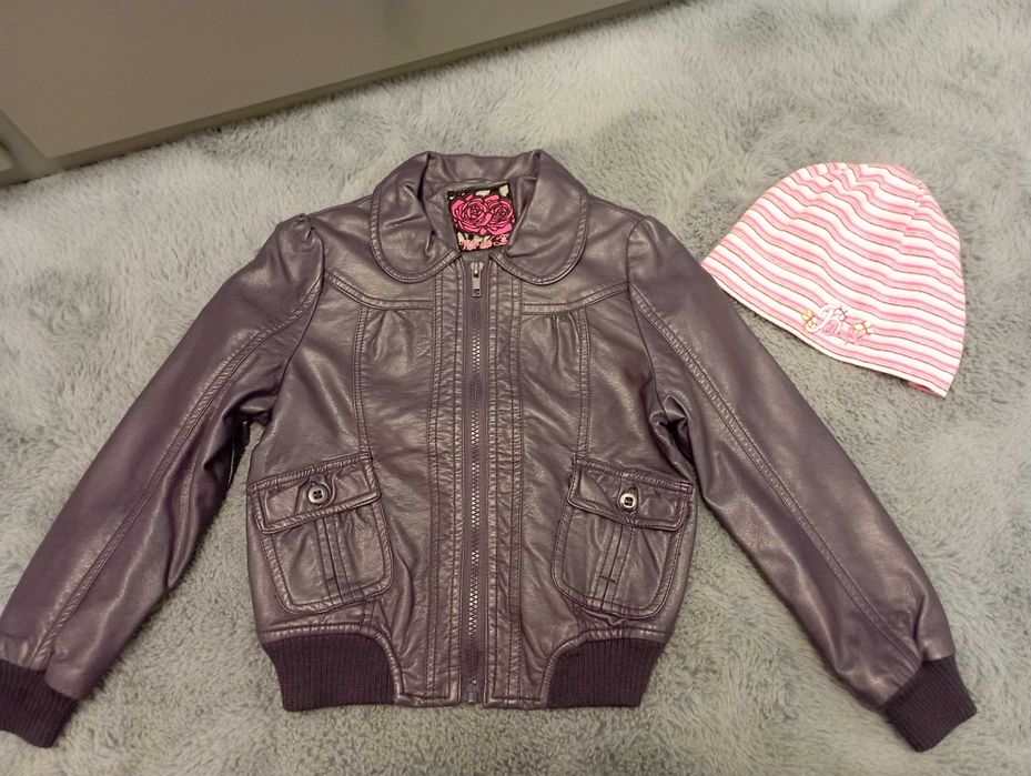 J.nowa wiosenna kurtka fiolet skóra ekologiczna rozm. 116 i czapka