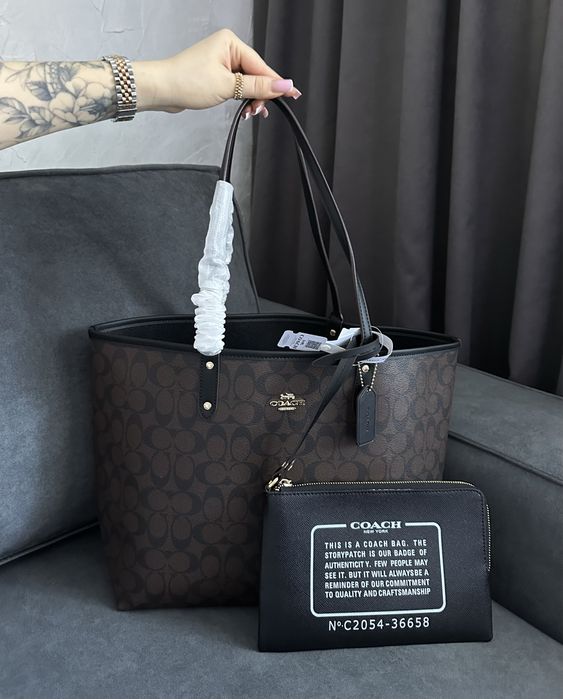 Сумка шопер Coach шкіра та канва з гаманцем