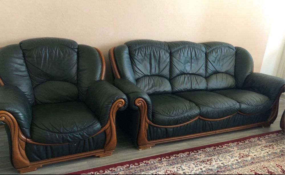 Диван шкіряний і крісло з деревом з Швейцарії