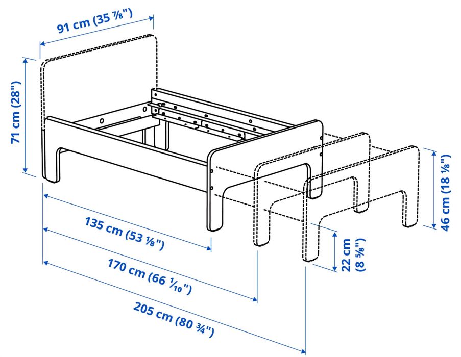 Cama Extensível IKEA SLAKT Branco com Cabeceira Castanha, 80x200 cm