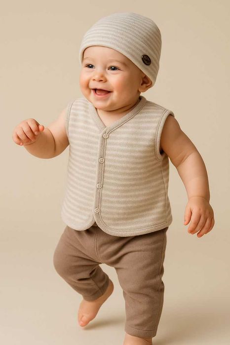 Śliczny zestaw CASUAL – kamizelka i czapeczka, idealne na jesień/zimę