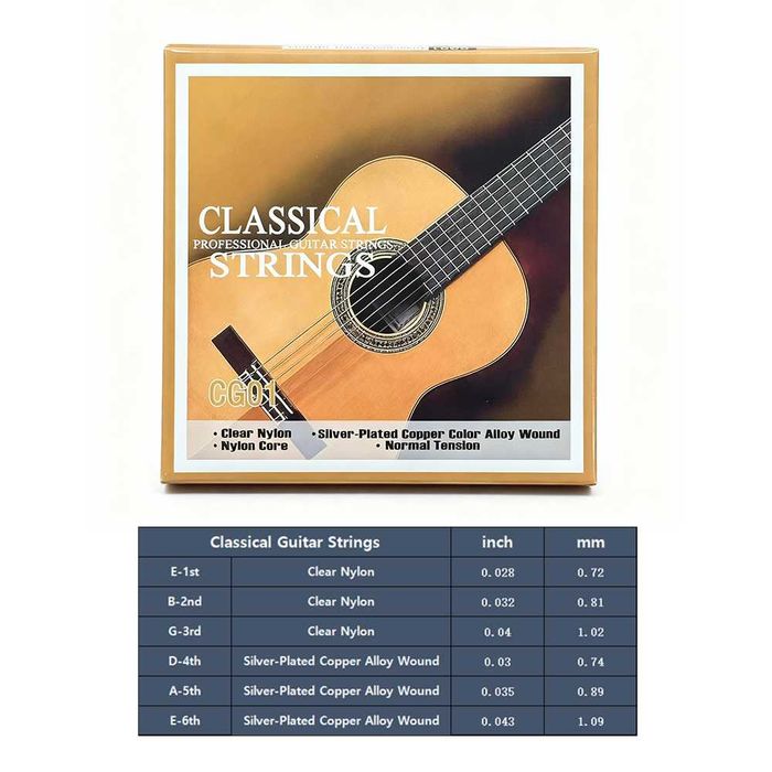 Cordas para Guitarra Clássica Viola – Conjunto de 6 Cordas - Baixos com Núcleo de Nylon – Enrolamento em Liga de Cobre Prateado – Tensão Normal NOVO